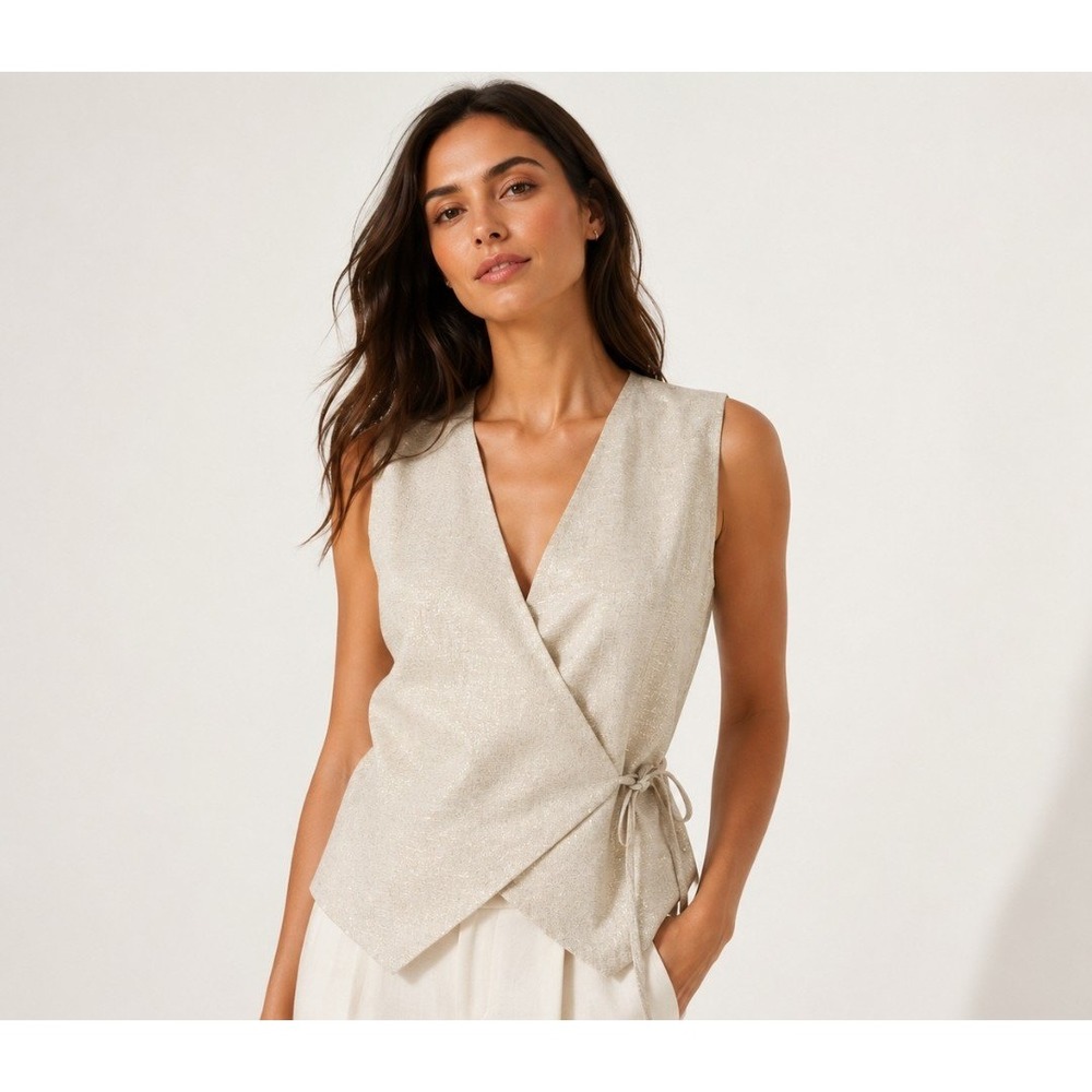 LOFT Wrap Vest Women SP Beige Gold Metallic Linen Blend Sleeveless Top 787166